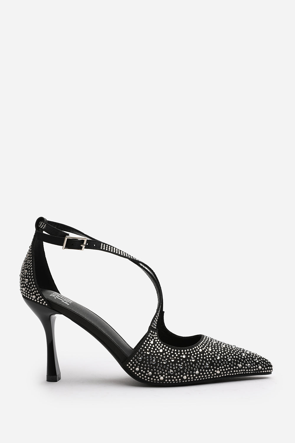 Kaitlyn Strappy Pointed Toe High Heels with Rhinestone Embellishments in Black Satin