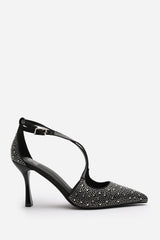 Kaitlyn Strappy Pointed Toe High Heels with Rhinestone Embellishments in Black Satin