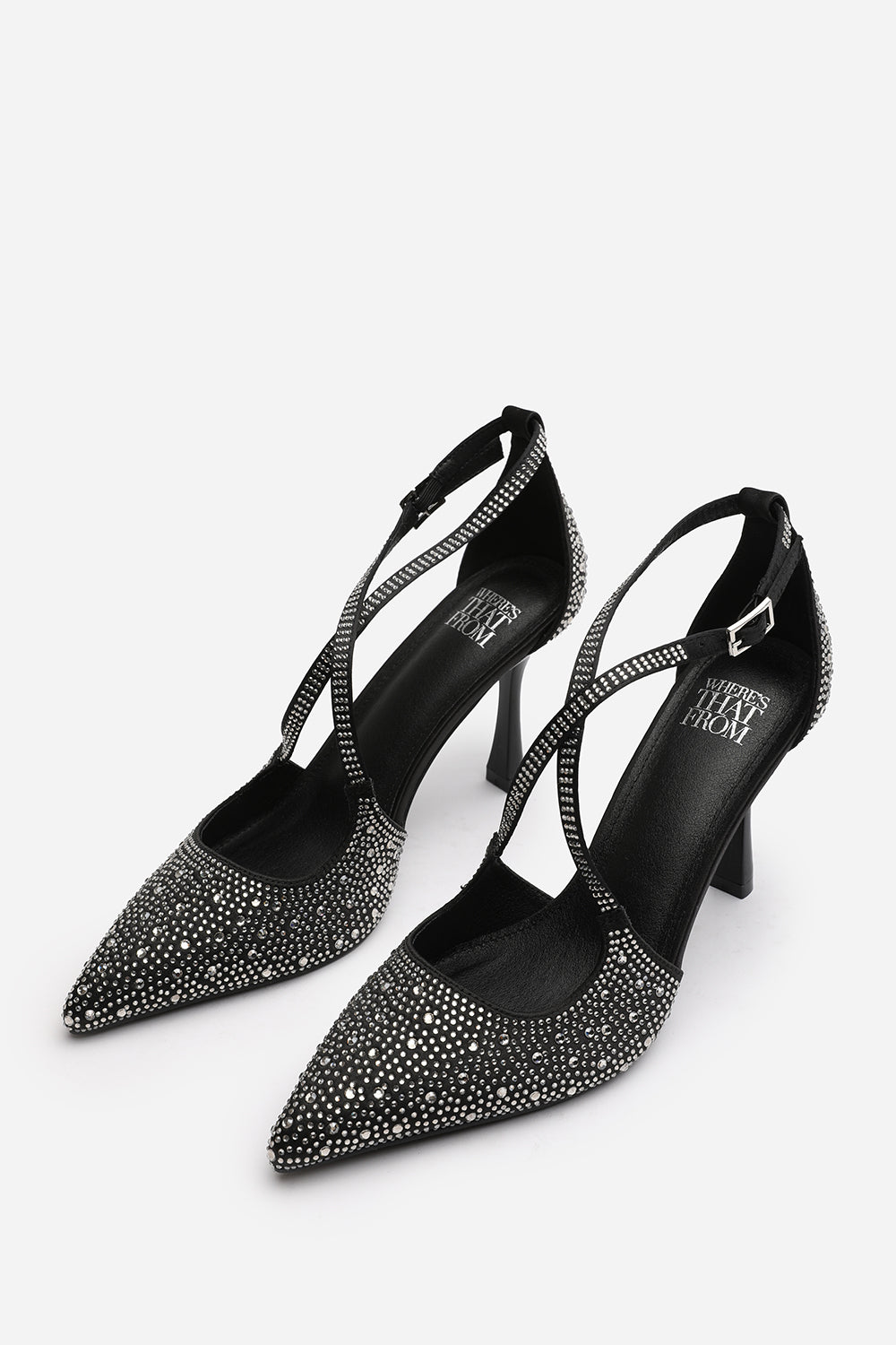 Kaitlyn Strappy Pointed Toe High Heels with Rhinestone Embellishments in Black Satin