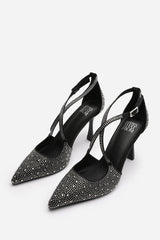 Kaitlyn Strappy Pointed Toe High Heels with Rhinestone Embellishments in Black Satin