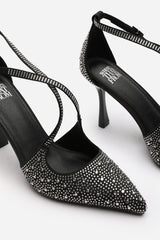 Kaitlyn Strappy Pointed Toe High Heels with Rhinestone Embellishments in Black Satin