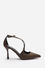 Kaitlyn Strappy Pointed Toe High Heels with Rhinestone Embellishments in Brown Satin