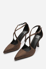 Kaitlyn Strappy Pointed Toe High Heels with Rhinestone Embellishments in Brown Satin