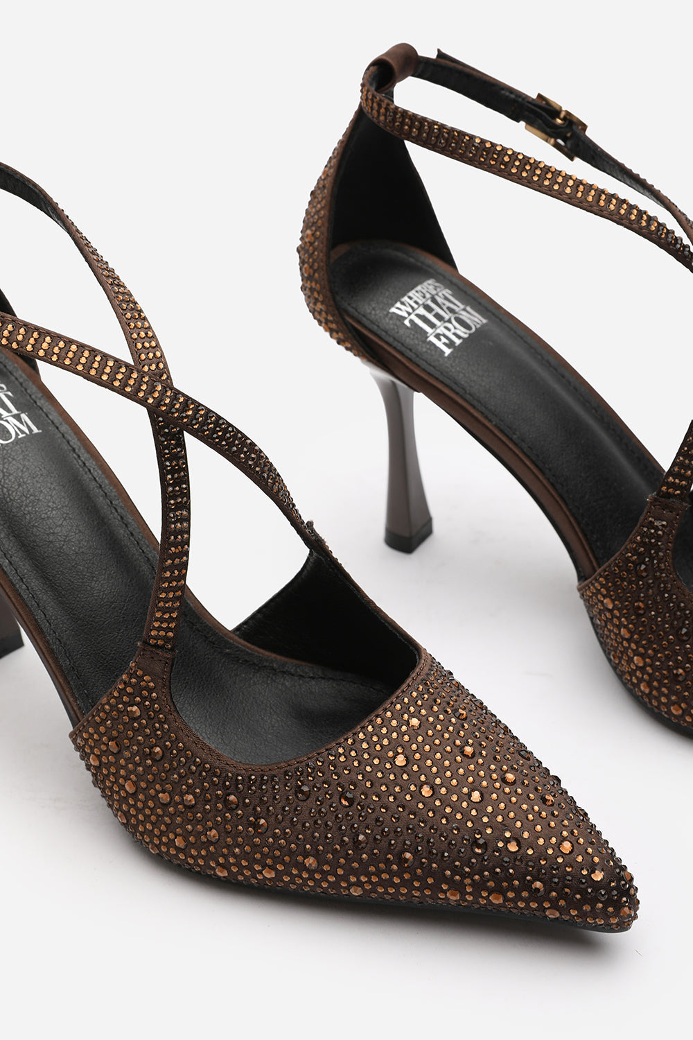 Kaitlyn Strappy Pointed Toe High Heels with Rhinestone Embellishments in Brown Satin