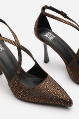 Kaitlyn Strappy Pointed Toe High Heels with Rhinestone Embellishments in Brown Satin