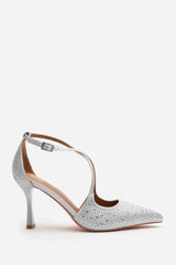 Kaitlyn Strappy Pointed Toe High Heels with Rhinestone Embellishments in Silver Satin