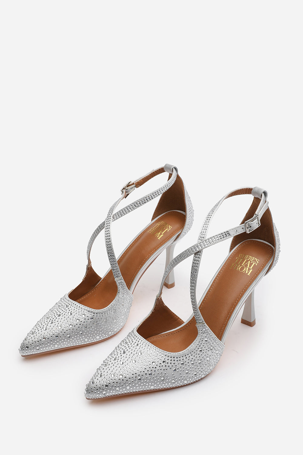Kaitlyn Strappy Pointed Toe High Heels with Rhinestone Embellishments in Silver Satin