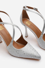 Kaitlyn Strappy Pointed Toe High Heels with Rhinestone Embellishments in Silver Satin