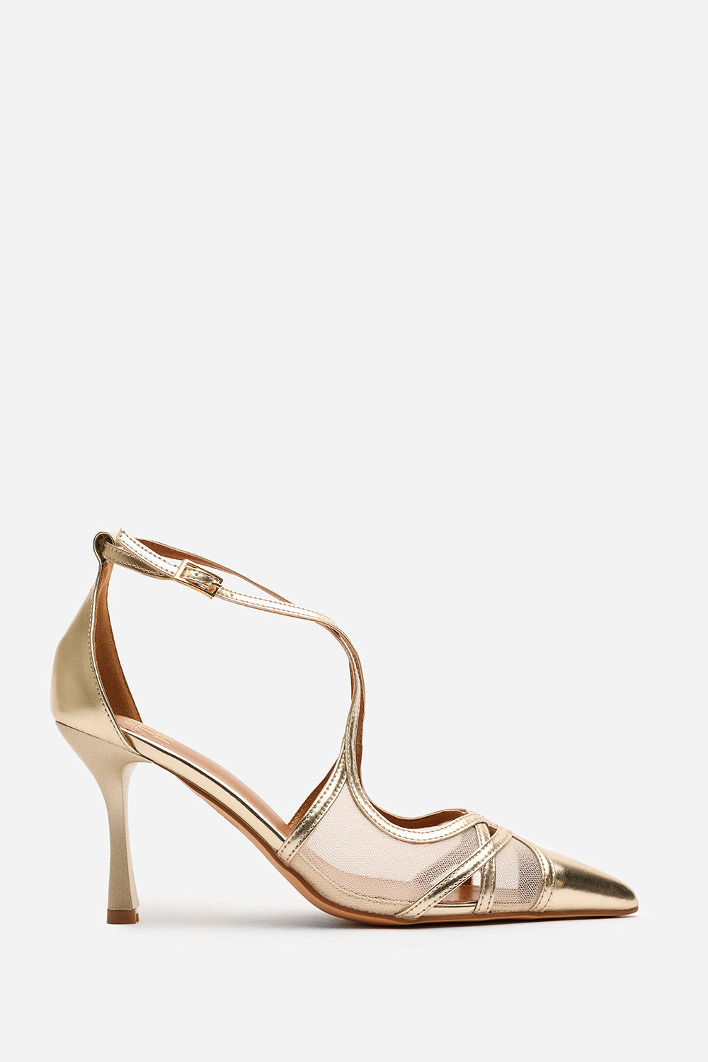 Katherine Strappy Pointed Toe High Mesh Heels In Gold Metallic Finish.