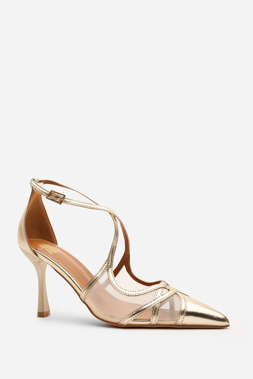 Katherine Strappy Pointed Toe High Mesh Heels In Gold Metallic Finish.