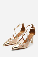 Katherine Strappy Pointed Toe High Mesh Heels In Gold Metallic Finish.