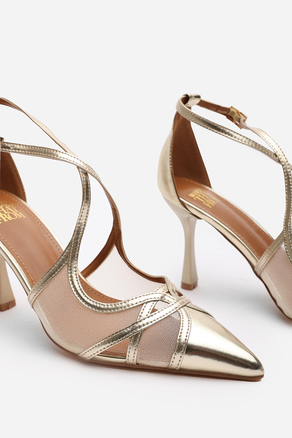 Katherine Strappy Pointed Toe High Mesh Heels In Gold Metallic Finish.