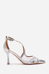 Katherine Strappy Pointed Toe High Mesh Heels In Silver Metallic Finish