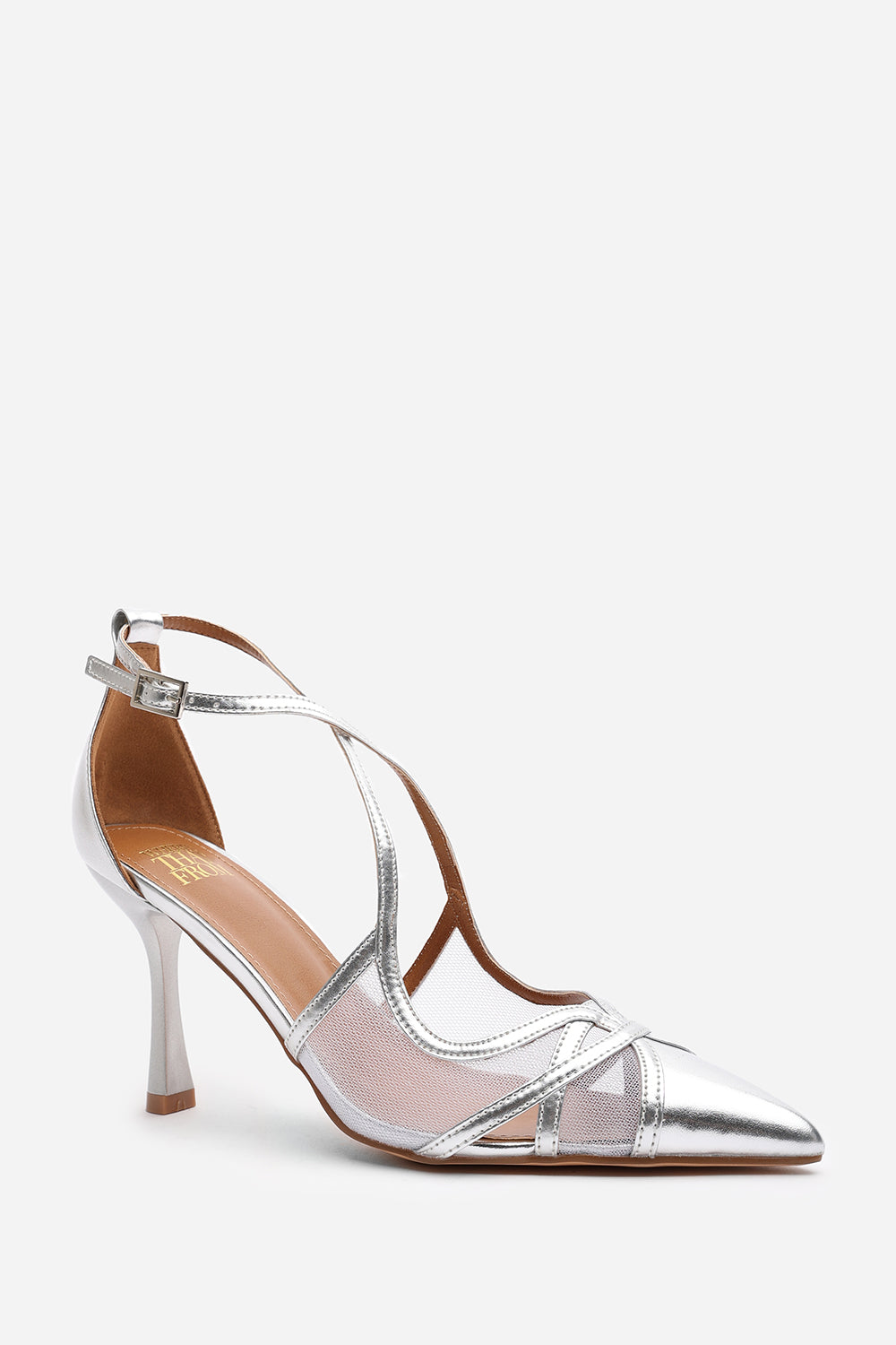 Katherine Strappy Pointed Toe High Mesh Heels In Silver Metallic Finish