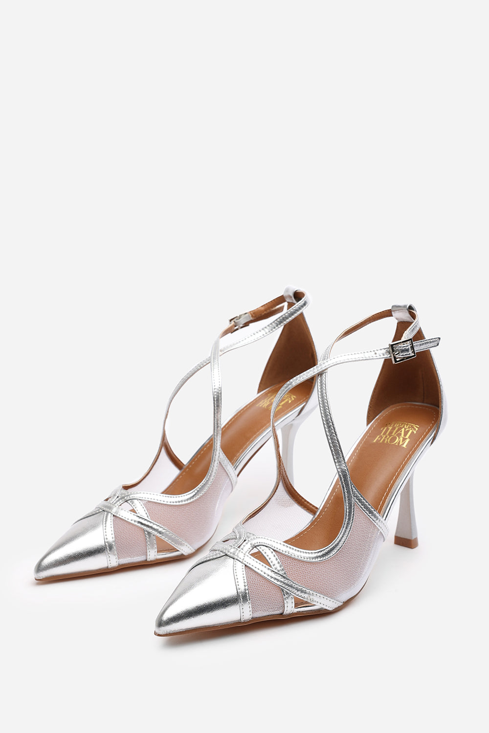 Katherine Strappy Pointed Toe High Mesh Heels In Silver Metallic Finish