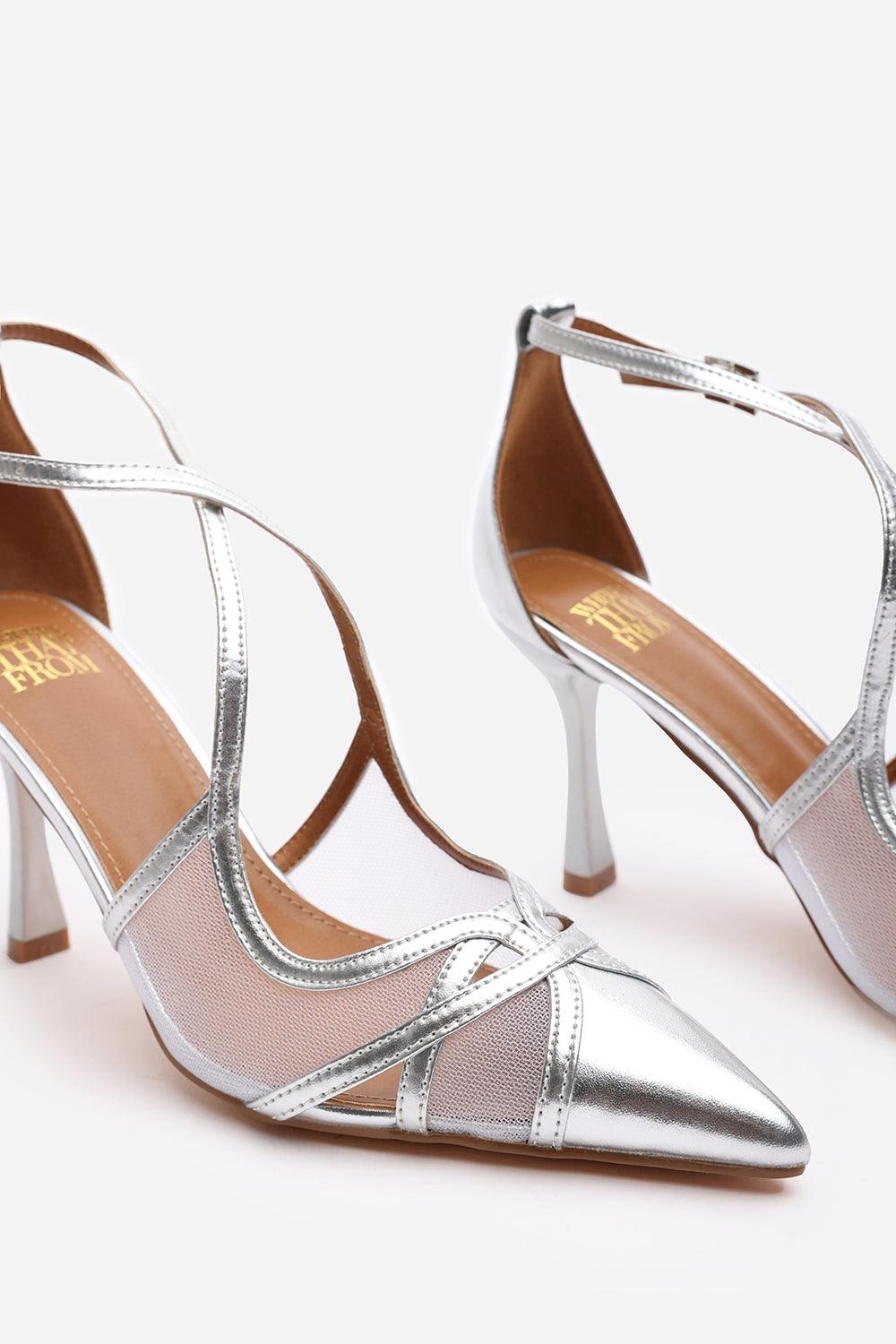 Katherine Strappy Pointed Toe High Mesh Heels In Silver Metallic Finish
