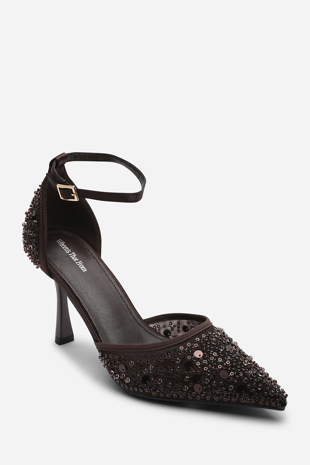 Denise Diamante Brown Mesh Pointed Toe With Buckle Strap Heels