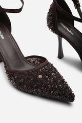 Denise Diamante Brown Mesh Pointed Toe With Buckle Strap Heels