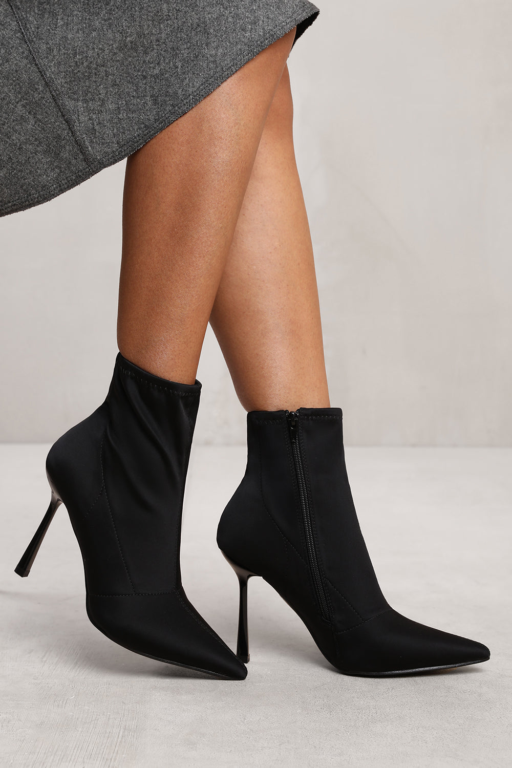 LEILA HIGH HEEL ANKLE BOOT WITH SIDE ZIP IN BLACK LYCRA