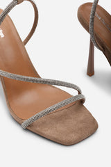 Betsy High Heels Sandals with Diamante detail & Square toe in Camel Suede
