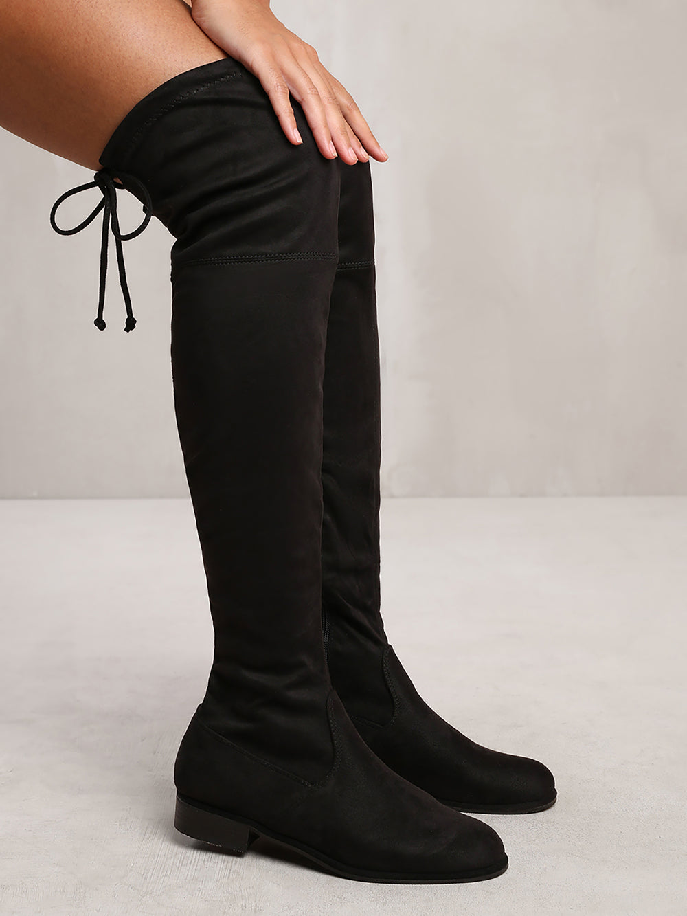 SHAERA STRETCH OVER THE KNEE FLAT BOOTS IN BLACK SUEDE