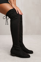 SHAERA STRETCH OVER THE KNEE FLAT BOOTS IN BLACK SUEDE