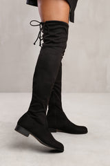 SHAERA STRETCH OVER THE KNEE FLAT BOOTS IN BLACK SUEDE