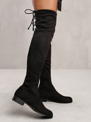 SHAERA STRETCH OVER THE KNEE FLAT BOOTS IN BLACK SUEDE