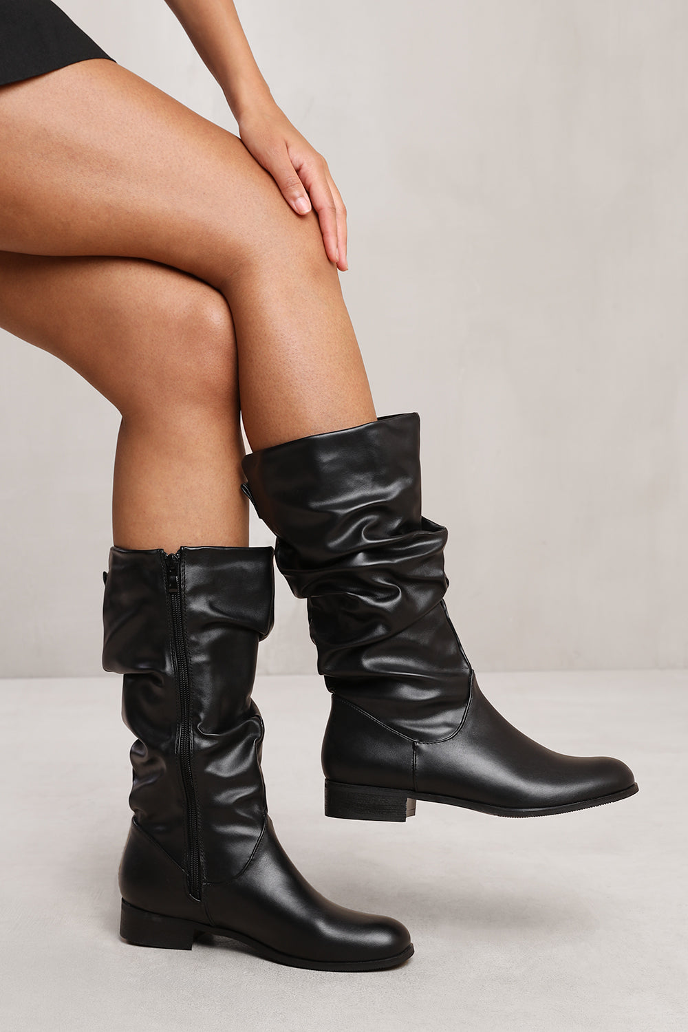 SEENA SLOUCH CALF BOOT WITH SIDE ZIP IN BLACK FAUX LEATHER