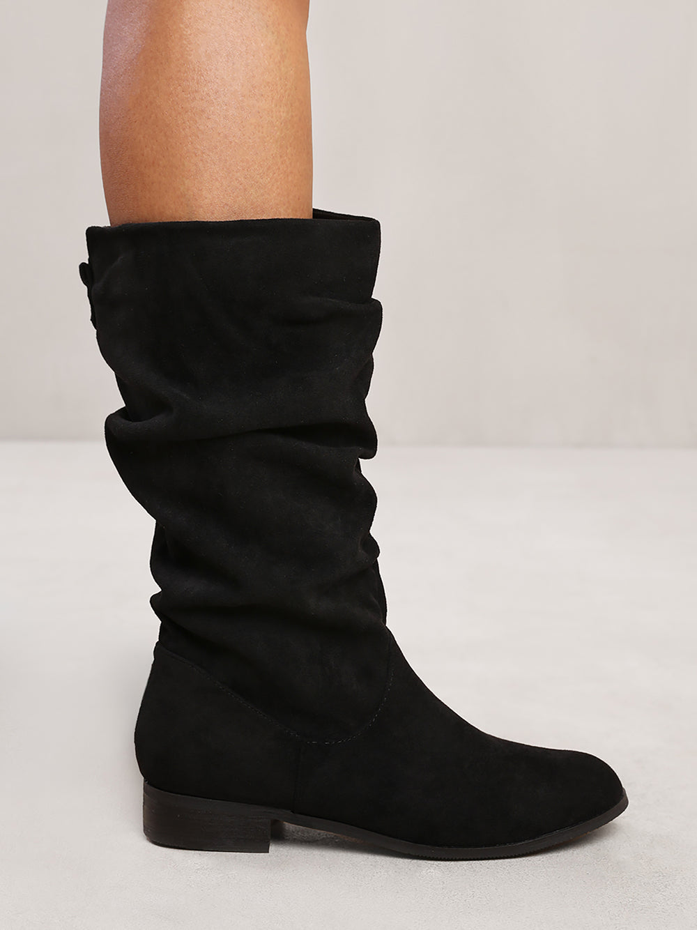 SEENA SLOUCH CALF BOOT WITH SIDE ZIP IN BLACK SUEDE