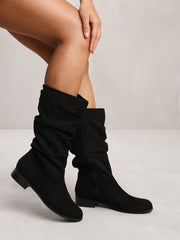 SEENA SLOUCH CALF BOOT WITH SIDE ZIP IN BLACK SUEDE