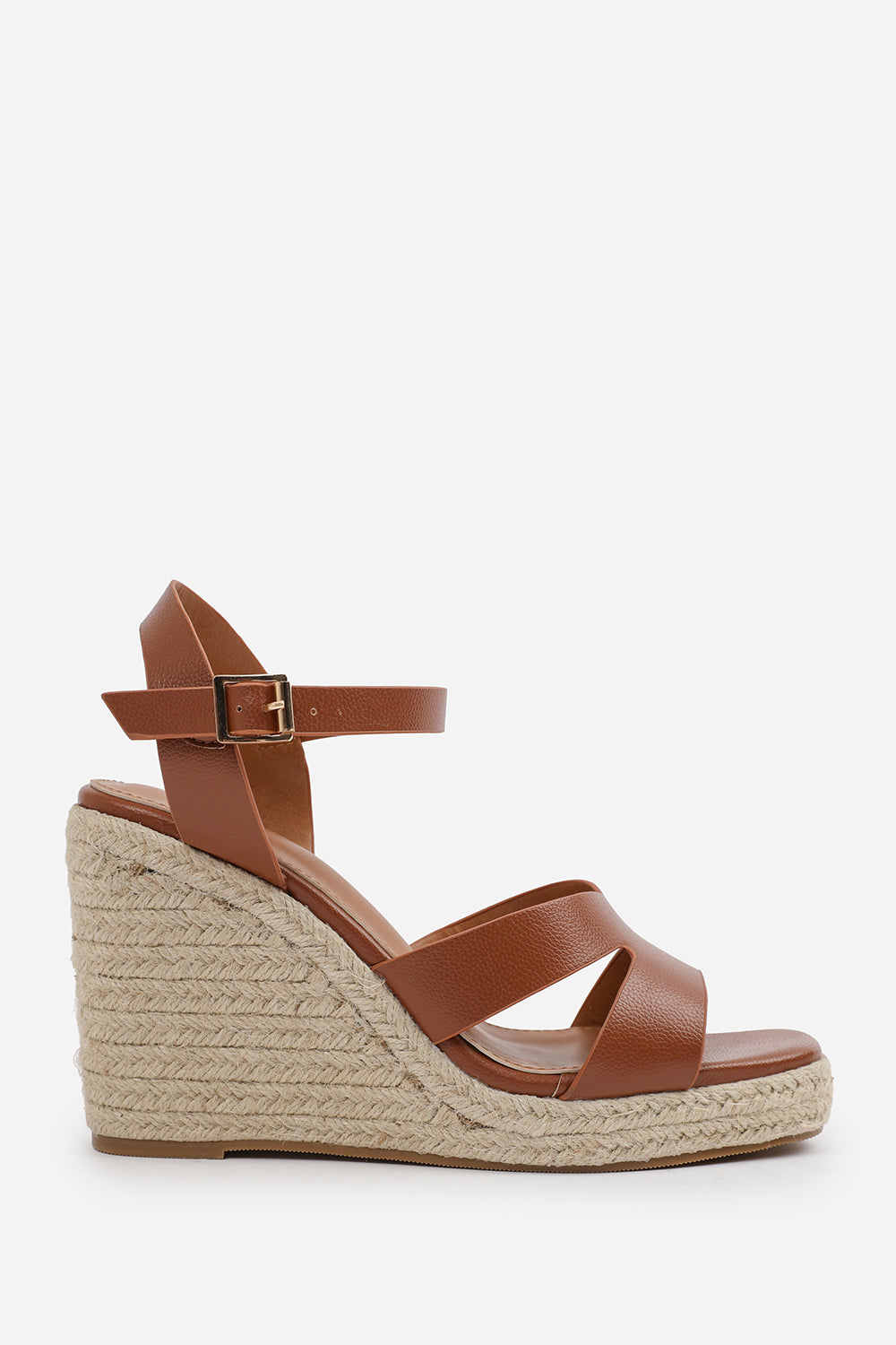 SANSA CUT OUT STRAP DETAIL WEDGE SHOES WITH BUCKLE CLOSURE IN TAN GRAIN PU