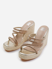 OHIO DIAMANTE MULTI STRAP ESPADRILLE WEDGES IN GOLD METALLIC