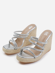 OHIO DIAMANTE MULTI STRAP ESPADRILLE WEDGES IN SILVER METALLIC