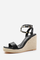 TEXAS WIDE FIT CROSS OVER ANKLE STRAP WITH STUDD DETAIL ESPADRILLE WEDGES IN BLACK FAUX LEATHER