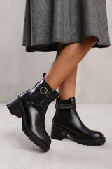 LYRIC ANKLE BOOT WITH CHUNKY SOLE AND BUCKLE DETAIL IN BLACK FAUX LEATHER