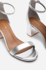 Beacon Ankle Strap Block Heel Silver Metallic Sandals
