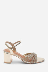Bellini Cross Over Diamante Strap Gold Metallic Block Heel Sandals