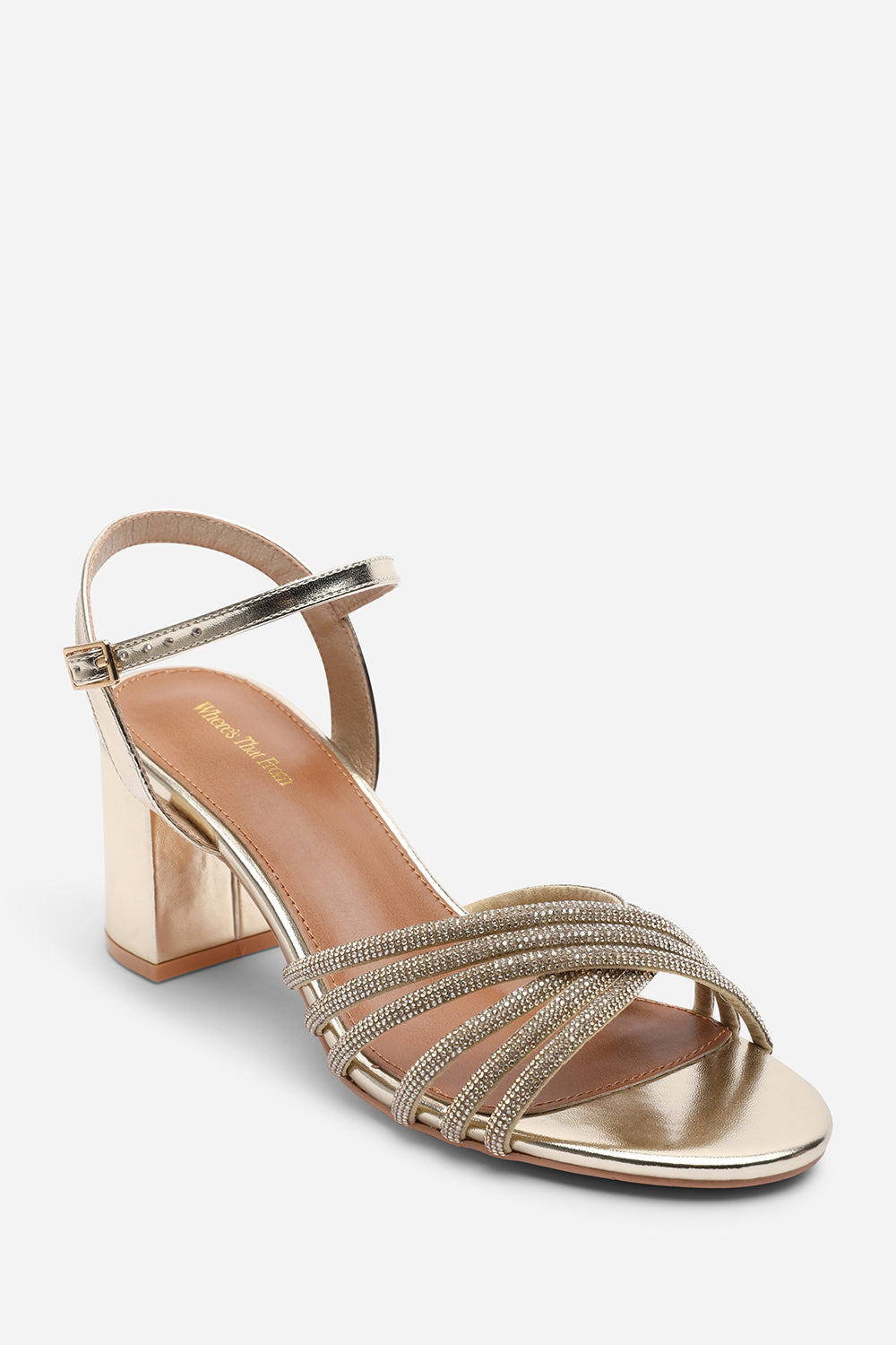 Bellini Cross Over Diamante Strap Gold Metallic Block Heel Sandals