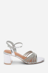 Bellini Cross Over Diamante Strap Silver Metallic Block Heel Sandals