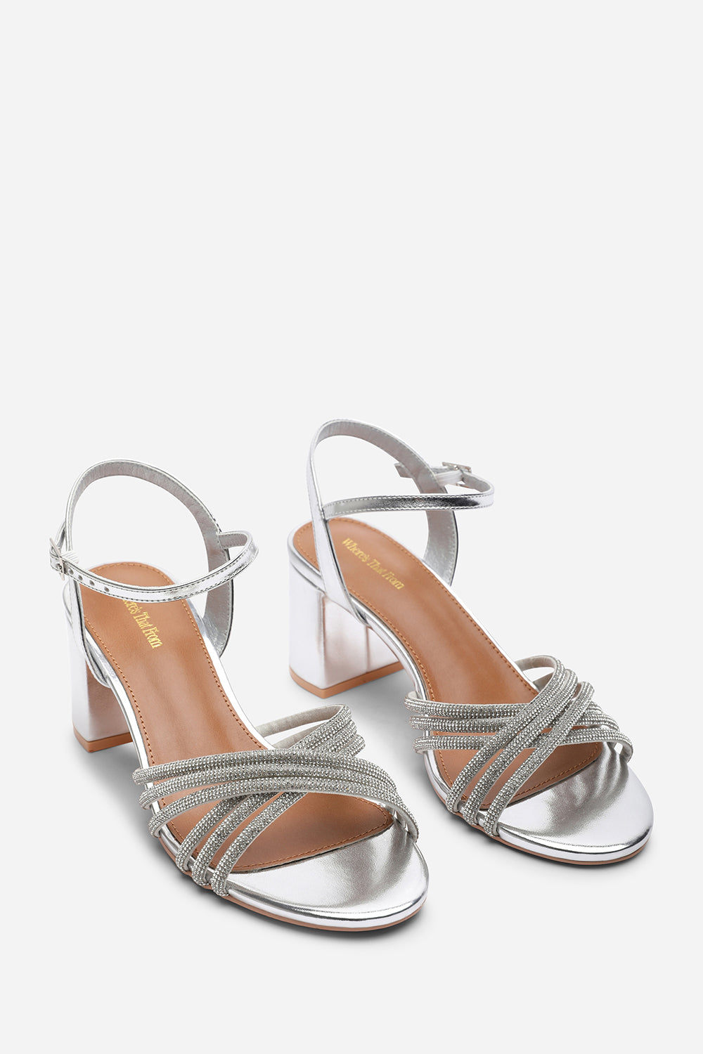 Bellini Cross Over Diamante Strap Silver Metallic Block Heel Sandals