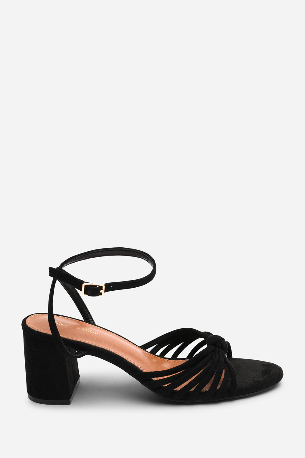 Blossy Knotted Block Heel Sandal With Ankle Strap in Black Suede