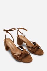 Blossy Knotted Block Heel Sandal With Ankle Strap in Cognac Suede