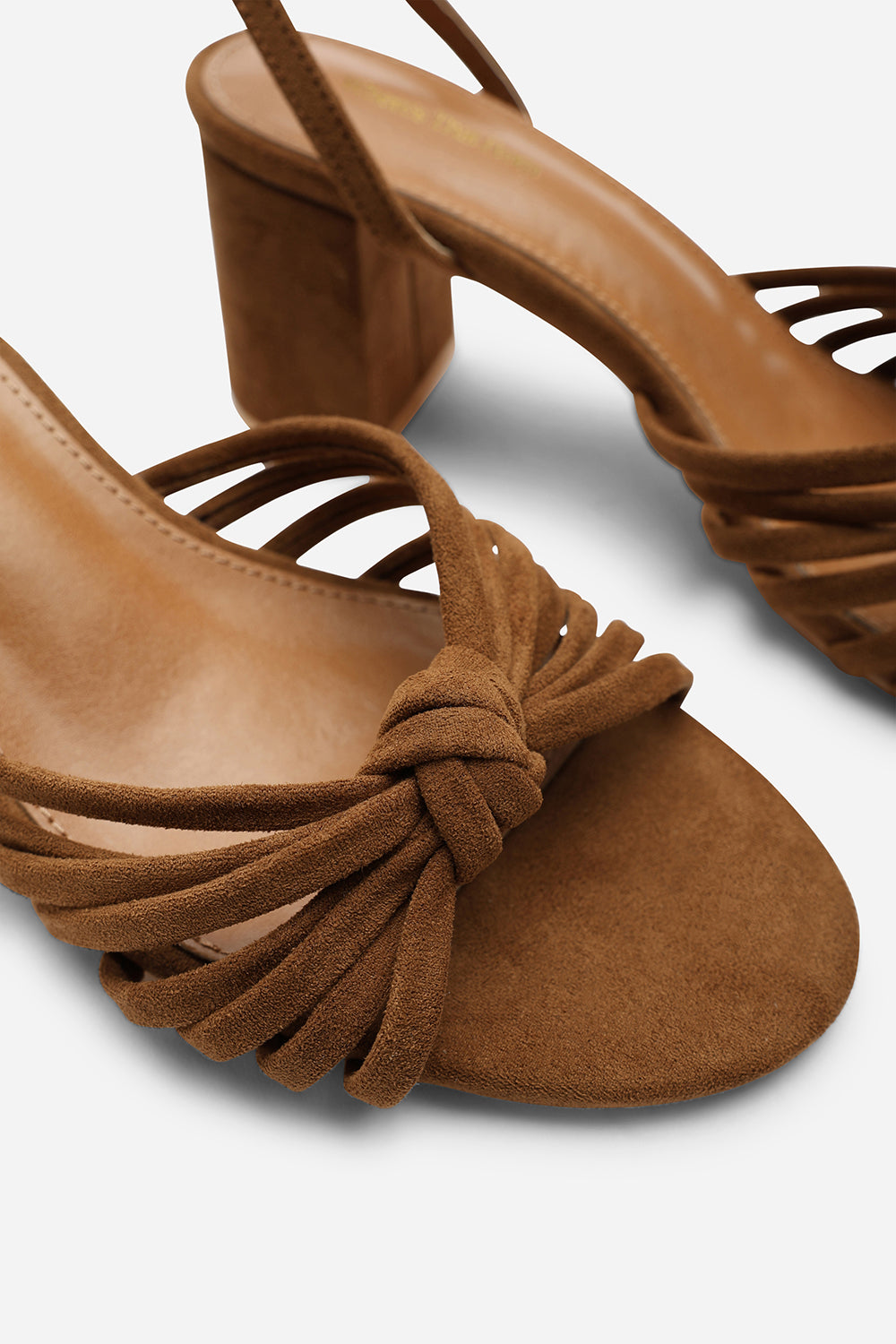 Blossy Knotted Block Heel Sandal With Ankle Strap in Cognac Suede