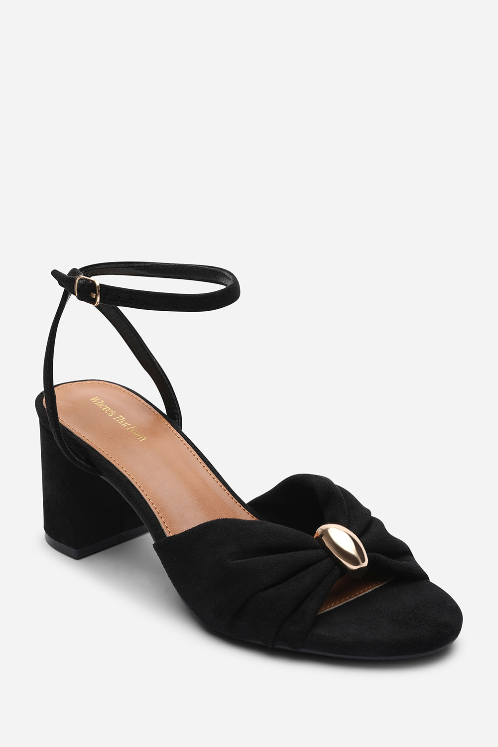Bluebird Block Heel Ruched Buckle Black Suede Sandal