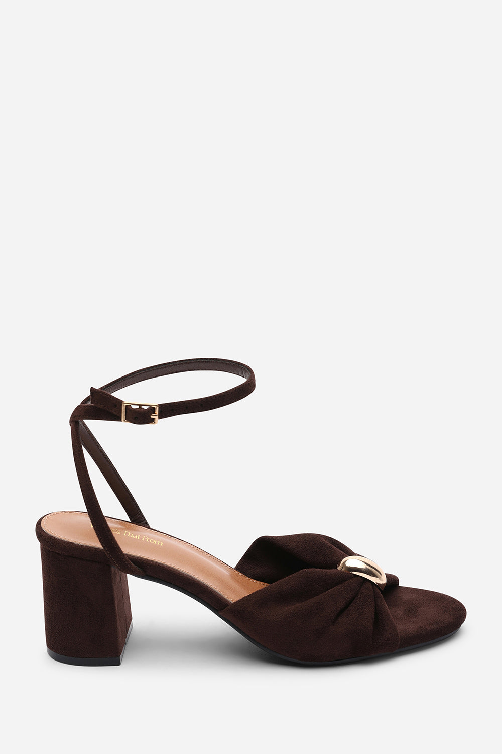 Bluebird Block Heel Ruched Buckle Dark Brown Suede Sandal