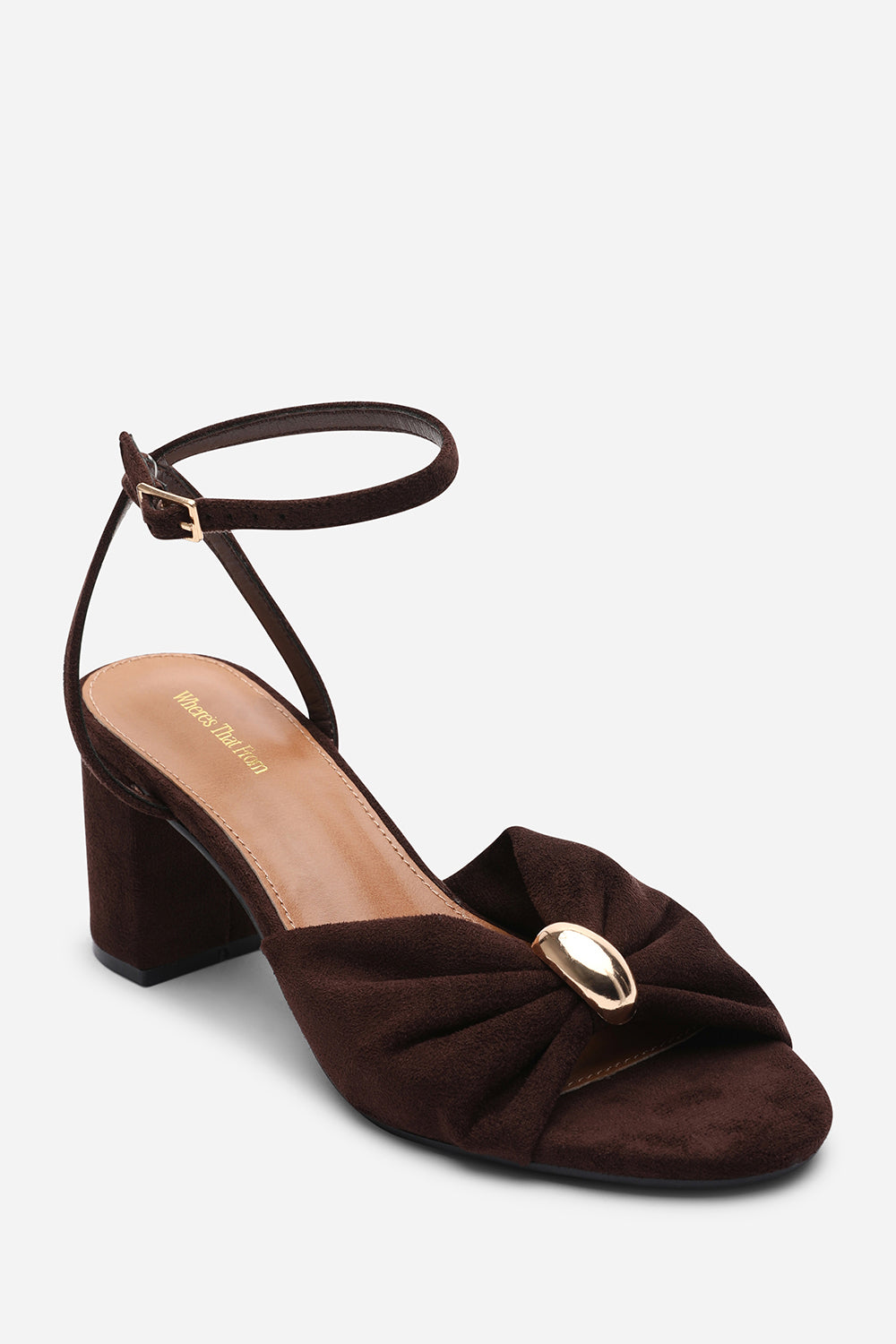 Bluebird Block Heel Ruched Buckle Dark Brown Suede Sandal