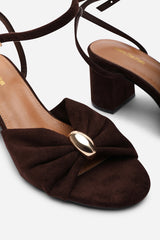 Bluebird Block Heel Ruched Buckle Dark Brown Suede Sandal
