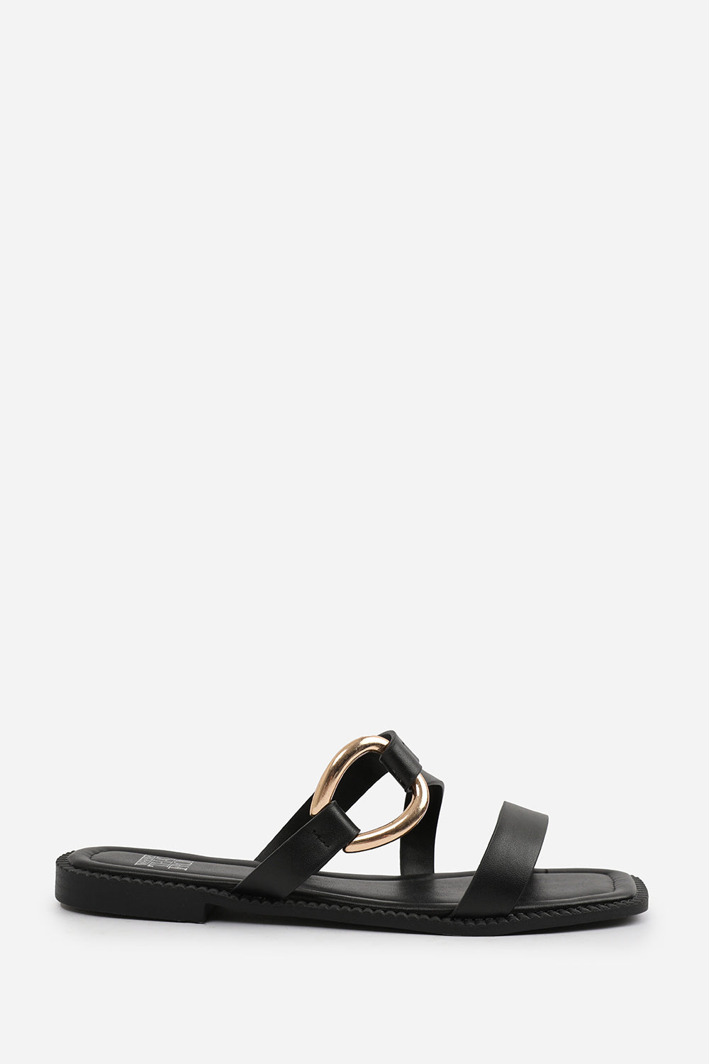 JAIME FLATFORM SANDAL WITH STYLISH METAL MULTI STRAP DETAIL IN BLACK FAUX LEATHER