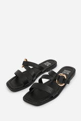 JAIME FLATFORM SANDAL WITH STYLISH METAL MULTI STRAP DETAIL IN BLACK FAUX LEATHER